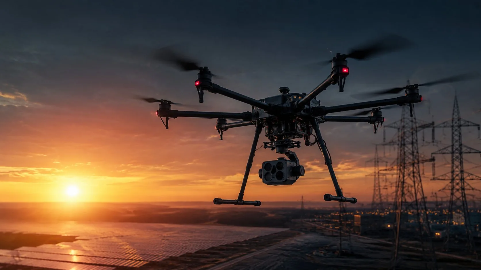 Dron industrial de inspección al atardecer
